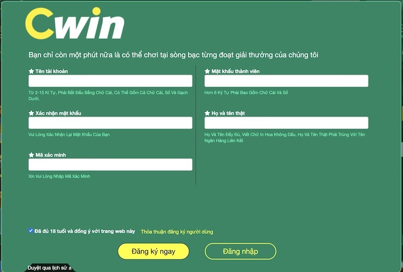 Màn hình hiển thị đăng ký Cwin 